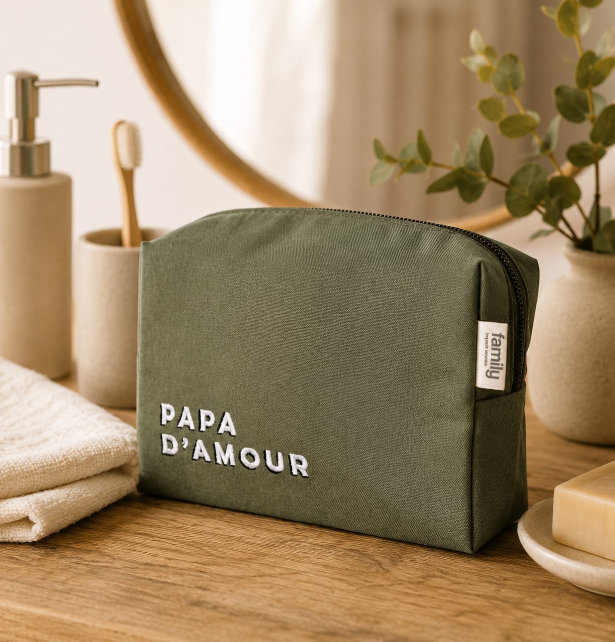 Trousse de toilette brodée "Papa d'amour" Olive