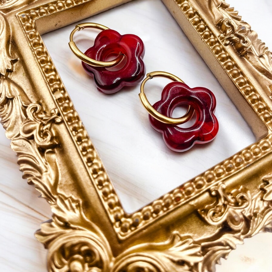 Boucles créoles fleurs en résine acier inoxydable rouge cerise
