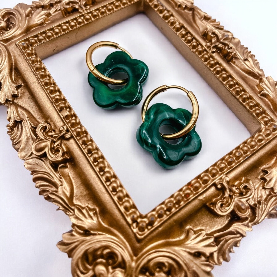 Boucles créoles fleurs en résine acier inoxydable vert Émeraude