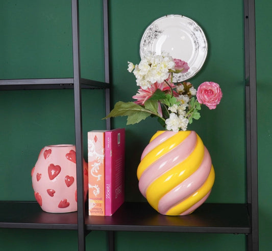 Vase à fleurs - Vase tourbillon - Céramique - Jaune/Rose clair - 20x20x21,5 cm
