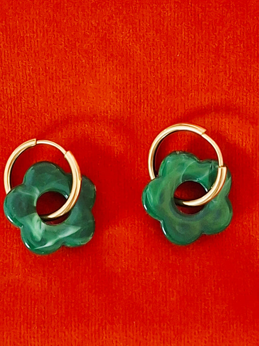 Boucles créoles fleurs en résine acier inoxydable vert Émeraude