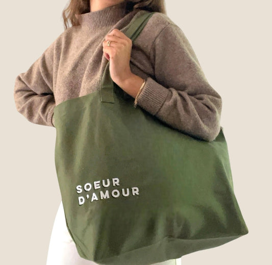 Sac shopping brodé Soeur d'amour - Olive