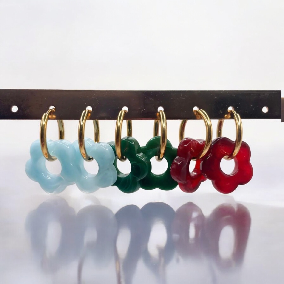 Boucles créoles fleurs en résine acier inoxydable rouge cerise