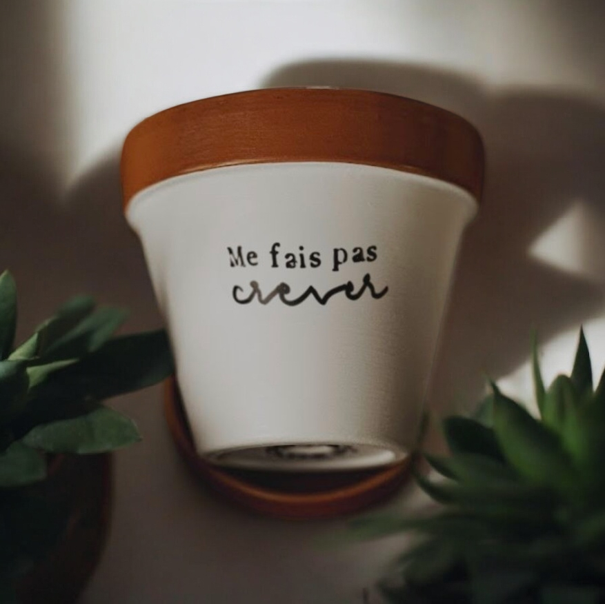 Pot de fleur, cache-pot "'Me fais pas crever" 11cm + coupelle