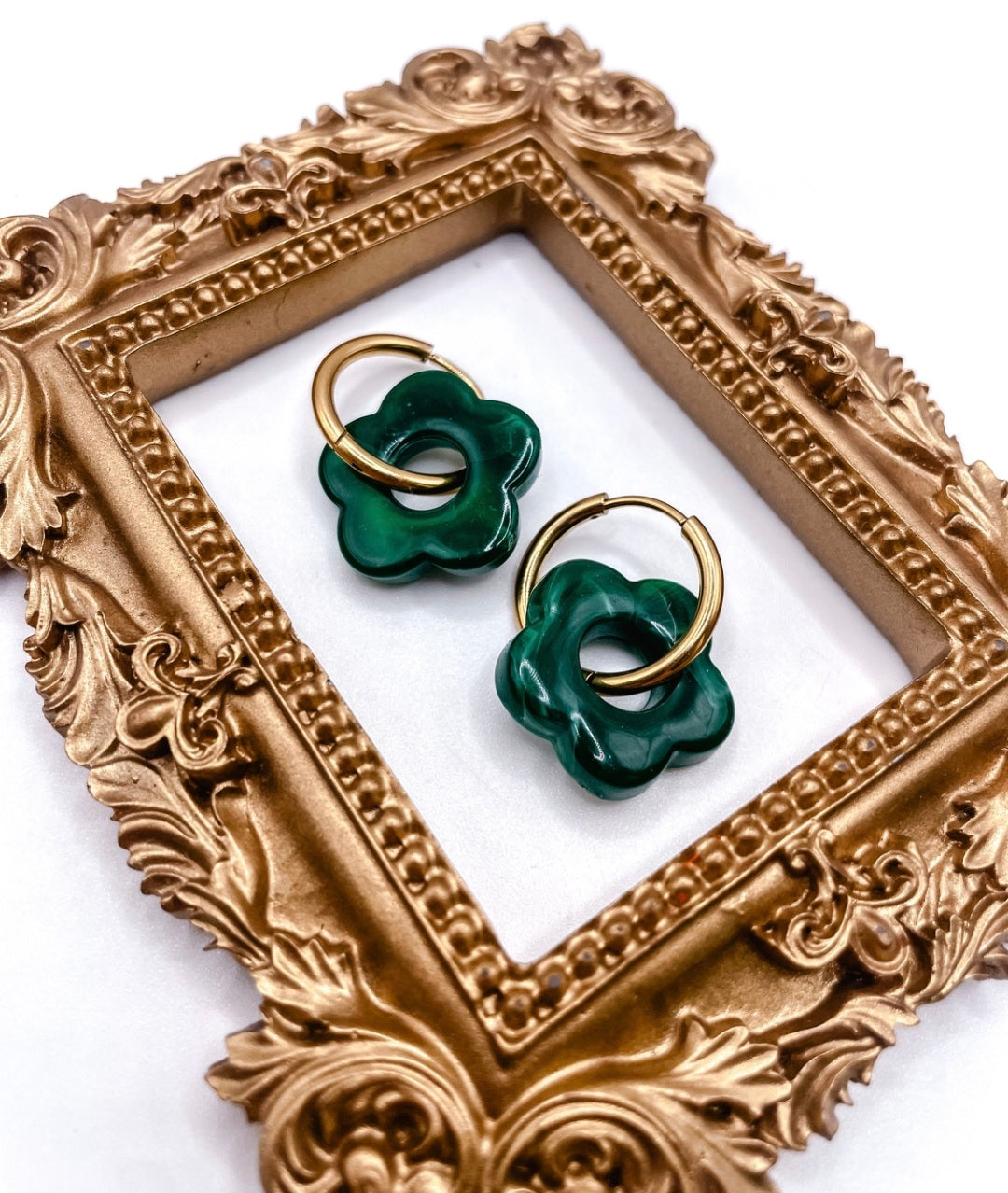 Boucles créoles fleurs en résine acier inoxydable vert Émeraude