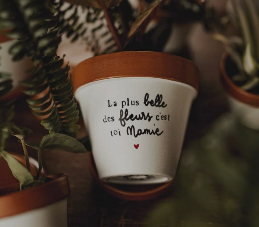 Pot de fleur, cache-pot "La plus belle des fleurs c'est toi Mamie"♡ 11cm + coupelle
